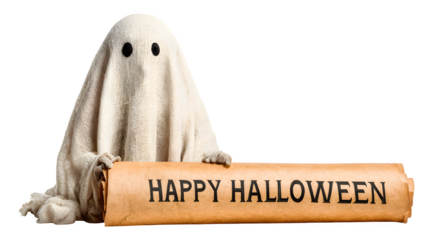 Ghost wearing witch hat holding happy Halloween on white