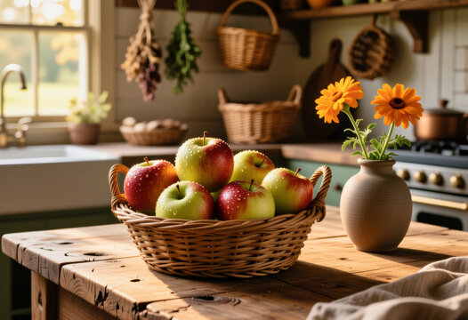 A wicker basket filled with red and green apples sits on a wooden countertop, next to a vase of bright orange flowers in a rustic kitchen.