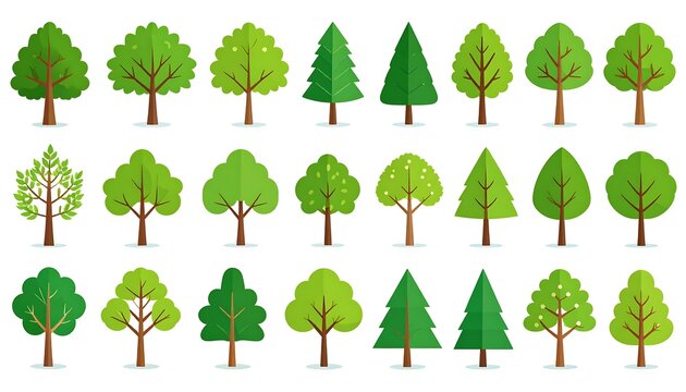 Flat design icons of various trees