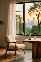 Obraz premium A cozy living room features a large window with a view of a city skyline and trees, where light filters through sheer curtains, illuminating a wooden chair with a white cushion and a wooden table ho