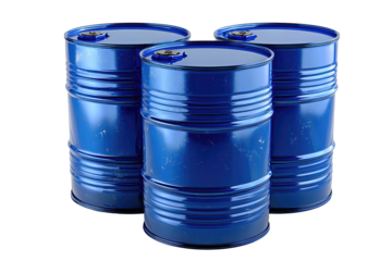 Three cobalt blue oil drums with visible bung caps arranged in a triangle cluster, isolated on transparent background
