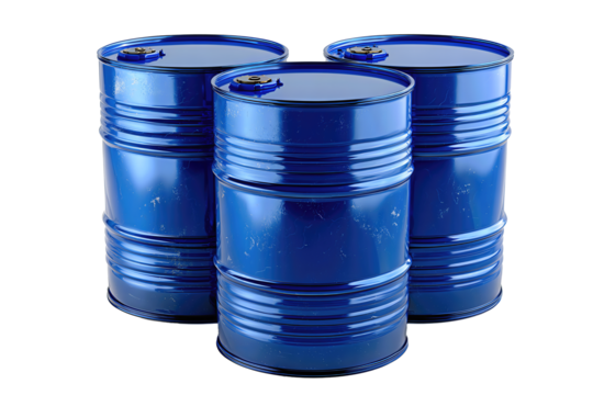 Three cobalt blue oil drums with visible bung caps arranged in a triangle cluster, isolated on transparent background
