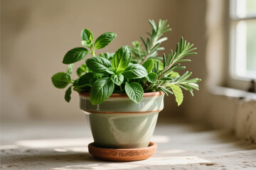 Fototapeta premium A potted herb plant with green mint and rosemary leaves sits on a terracotta saucer, bathed in natural light from a nearby window.