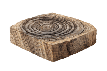 Weathered oak plank with visible end-grain rings and chamfered edges, isolated on transparent background
