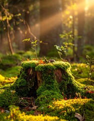 Sunlight streams through forest, illuminating mossy tree stump