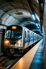 Fototapeta premium A silver and blue train with yellow lights arrives at an empty, well-lit underground station with a curved ceiling.