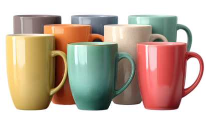 Assorted coffee mugs with different colors isolated on transparent background