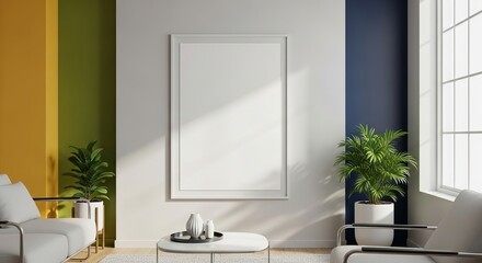Fototapeta premium Modern living room interior with a blank white poster frame mockup on the wall, perfect for displaying artwork in a stylish and minimalist home setting