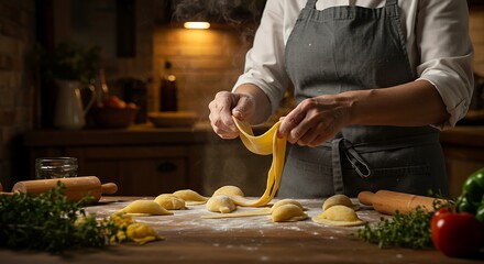 Chef preparing fresh pasta in a rustic kitchen setting