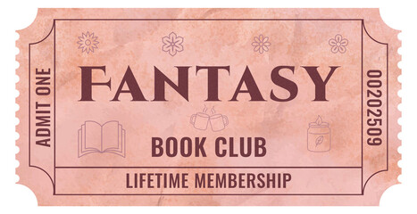 Fantasy book club ticket: vintage design for literary events and reading enthusiasts - concept of bookstores and libraries