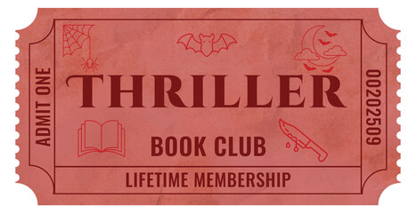 Thriller book club ticket design with lifetime membership concept for bookstores, libraries, and book publishers