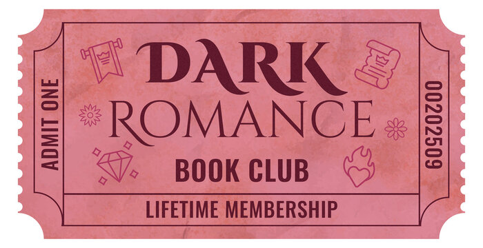Vintage dark romance book club ticket with lifetime membership and elegant design concept of bookstores, libraries, gift shops