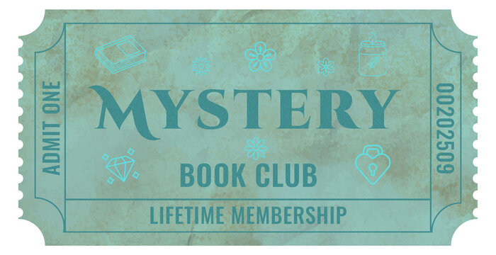 Mystery book club membership ticket with vintage design and icon illustrations for library and bookstore promotions - concept of membership