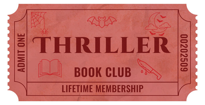 Thriller book club ticket design with lifetime membership concept for bookstores, libraries, and book publishers
