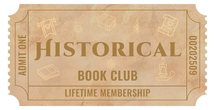 Vintage historical book club membership ticket with classical icons concept for libraries, bookstores, gift shops