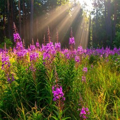 Sunlight streams through forest on a field of vibrant purple wildflowers
