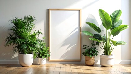 Sunlight streams into a room with plants and a blank frame