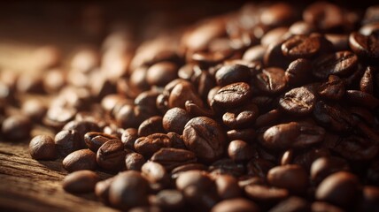 Close-up of roasted coffee beans in warm light. AI image