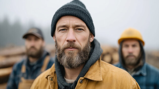 Lumberjacks in foggy forest with tools representing teamwork and nature