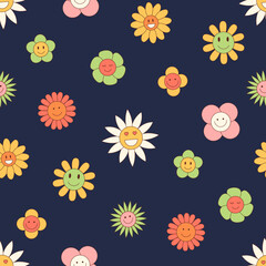 Groovy retro seamless flower pattern with daisy, sunflower and chamomile. Colorful floral background in a y2k style, cheerful smiley flowers. Vintage pattern for textile, wallpaper or print.