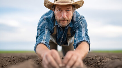 Caucasian male farmer planting crops in field with focused expression