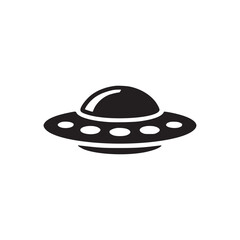 Illustration of a flying saucer, the ufo is depicted in black silhouette, showcasing its classic disc shape with a dome on top and lights underneath