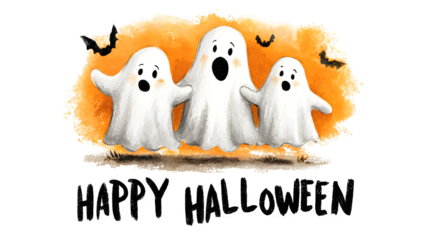 Dancing ghost trio under happy Halloween on white 