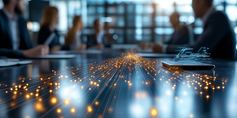 Business meeting with diverse professionals discussing innovative ideas, surrounded by digital data visualization and glowing particles, representing technology and collaboration in a modern workspace