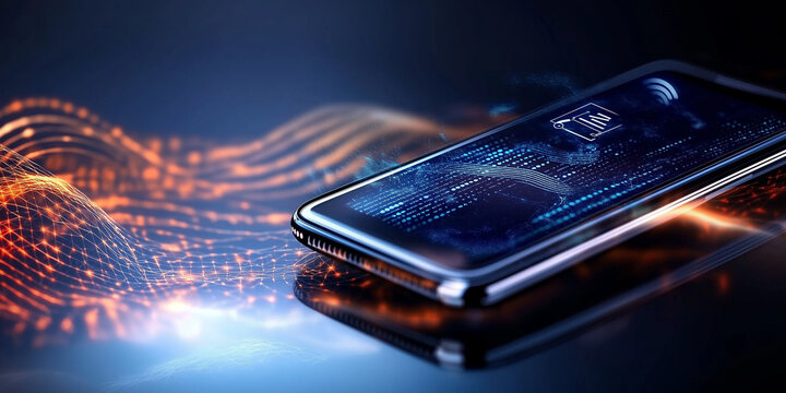 Modern smartphone mock up with glowing digital interface, showcasing innovative technology and connectivity against a dynamic abstract background with vibrant light trails