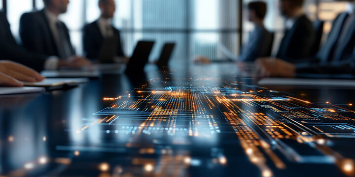 Business professionals engaged in a strategic meeting around a high-tech conference table with digital data visualization, showcasing innovation and collaboration in a modern workspace