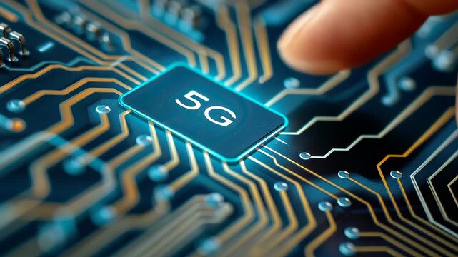5G Technology Connection: An up-close, high-tech image showcases a circuit board with the 5G logo on a microchip, symbolizing technological advancement and digital communication.