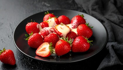 A plate of fresh, ripe strawberries drizzled with creamy white sauce. The arrangement is visually appealing, with a dark background