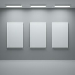 A minimalist art gallery featuring three blank canvases mounted on a gray wall. The scene is illuminated by overhead lights.