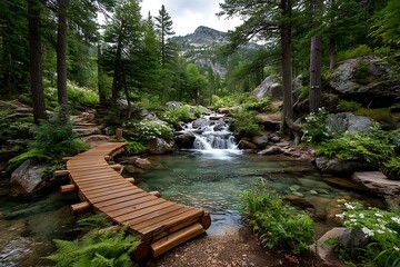 Wooden footbridge with waterfall high resolution picture