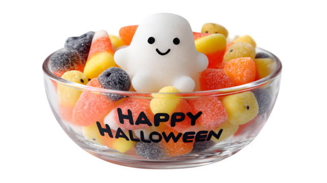 Smiling ghost inside a candy bowl on white