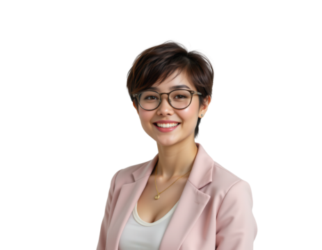 Young Woman in Blazer with Short Hair and Glasses Smiling Brightly