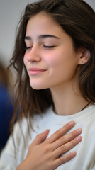 Fototapeta premium Teen expressing gratitude in classroom setting with heartfelt gesture
