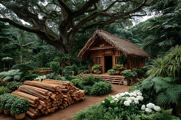Wooden home and bamboo log display high resolution picture