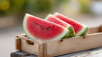Fresh watermelon slices on wooden crate for summer refreshment