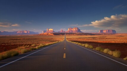 Fototapeta premium Endless road to monument valley at sunset. AI image