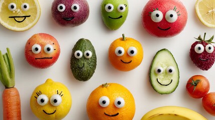 Fruits and vegetables with googly eyes and painted smiles, representing a multinational company concept.
