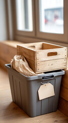 Compact indoor compost bin with wooden container for eco-friendly waste management