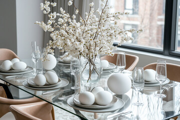 Elegant dining table set with white eggs, glassware, and a floral centerpiece, creating a serene atmosphere for a spring gathering or festive celebration