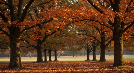 Autumn trees with orange and brown leaves in a park setting daytime