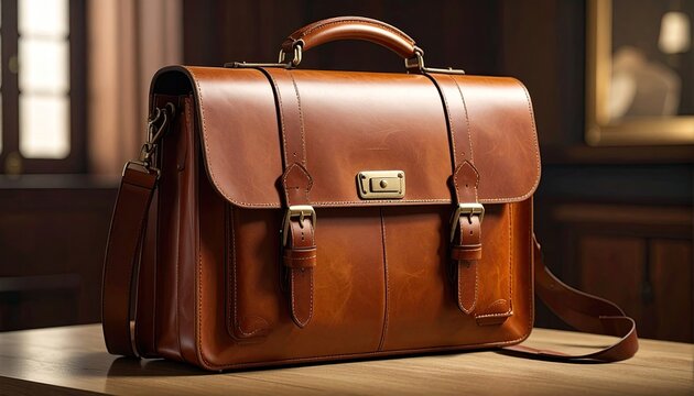 A rich brown leather briefcase sits on a wooden surface, showcasing its classic design with buckles and a shoulder strap; the warm lighting enhances the luxurious texture of the leather