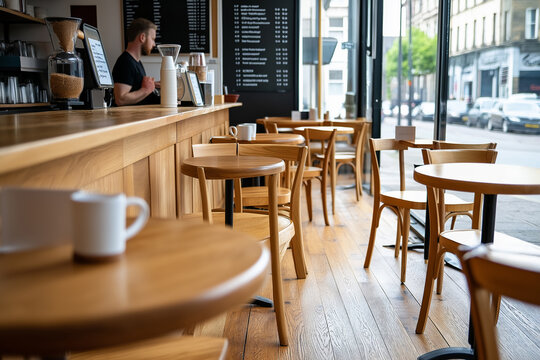 Modern coffee shop interior featuring wooden furniture, a barista preparing beverages, and a bright atmosphere with large windows showcasing the street view and inviting ambiance - Powered by Adobe