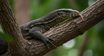 Monitor lizard resting on a tree branch with selective focus