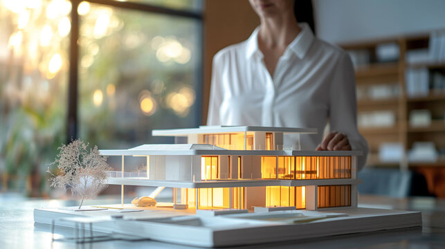 Female architect examining a detailed architectural model of a modern house with illuminated features, showcasing innovative design and creative vision in a bright workspace