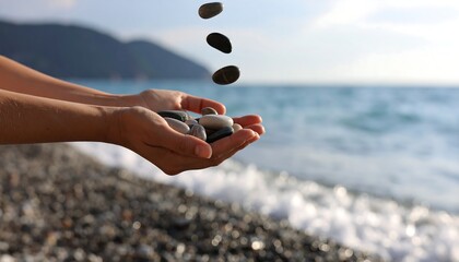 Stones tossed in the air over the ocean