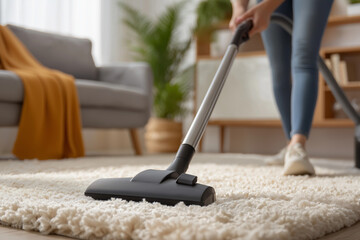 Woman using vacuum cleaner on plush carpet in a bright living room, showcasing effective cleaning techniques and promoting a hygienic, organized environment for spring cleaning